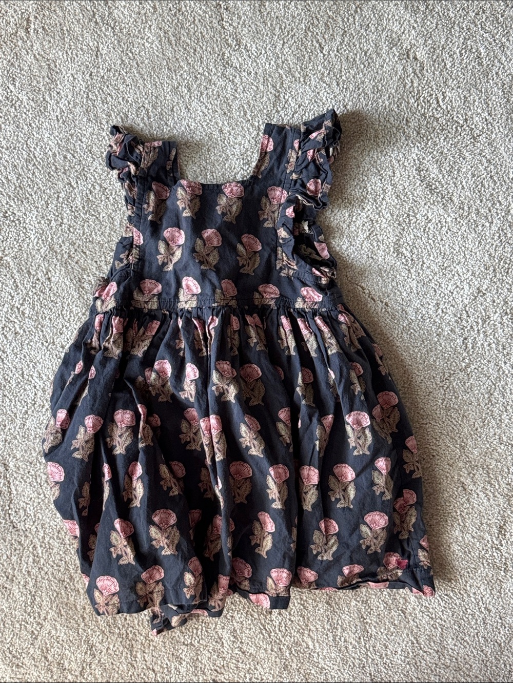 Pink Chicken Black Dress with Pink Floral Print and Ruffle Shoulders